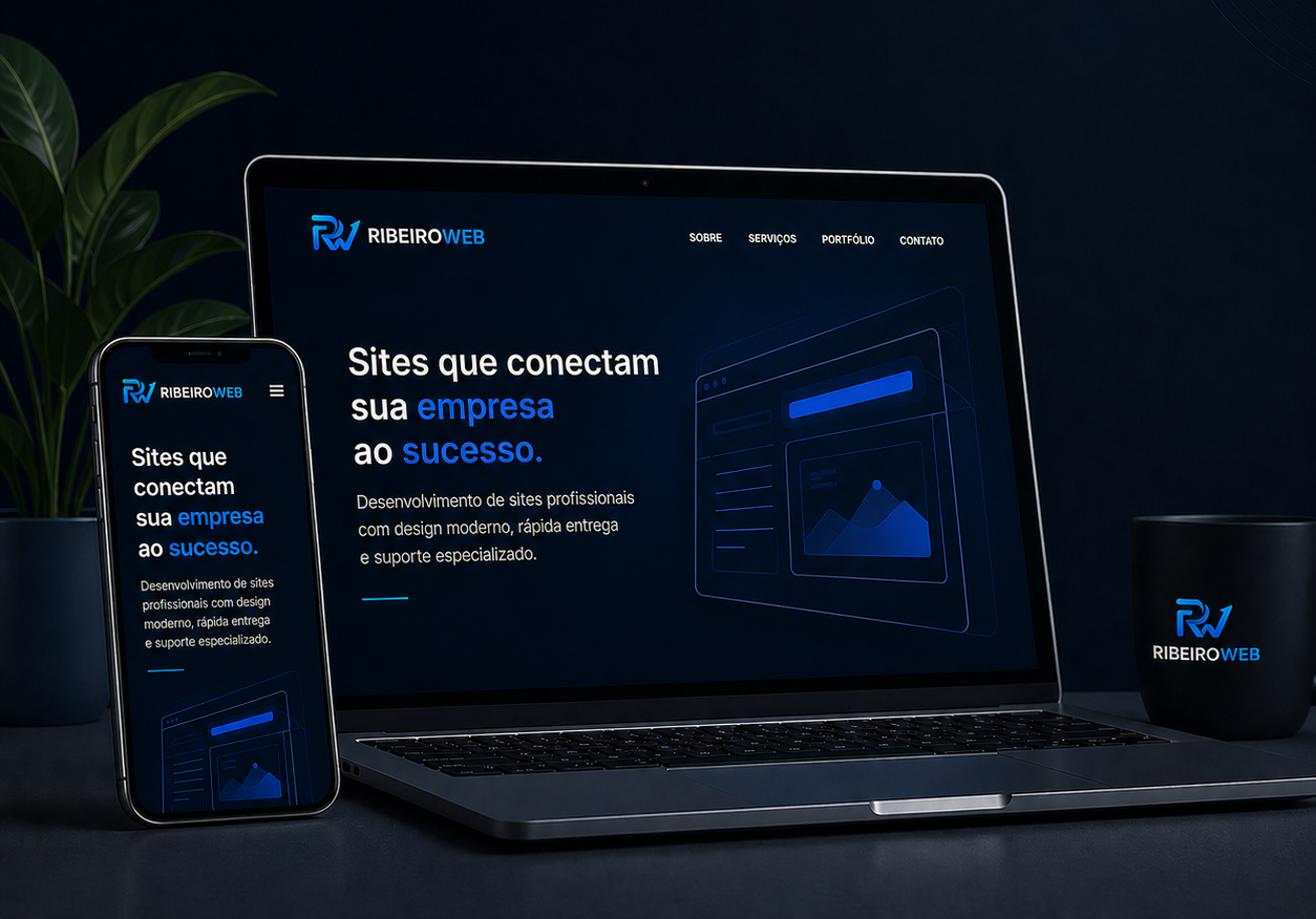 Mockup de site profissional exibido em notebook e celular com design moderno da RibeiroWeb